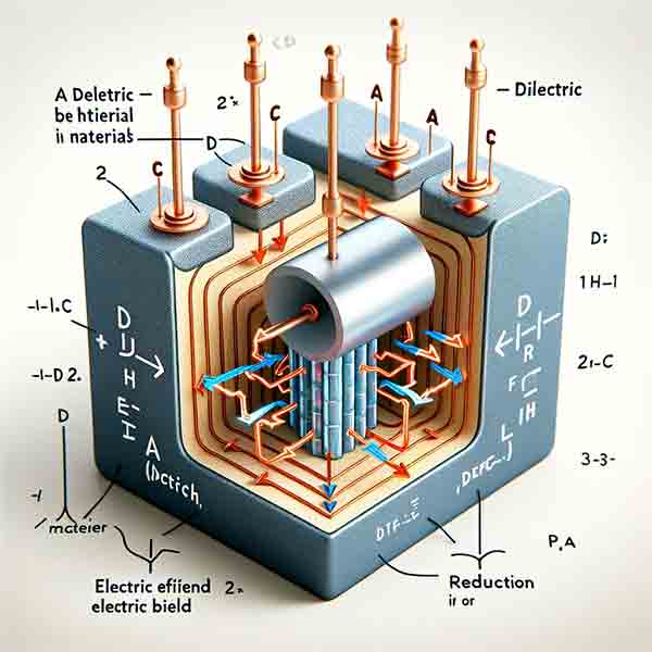 educational diagram illustrating the dielectric behavior in materials, showcasing a capacitor with a dielectric material between its plates and the alignment of electric dipoles in response to an applied electric field.