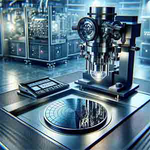 Advanced scientific laboratory setting focused on ellipsometry, with a high-tech ellipsometer and a silicon wafer.