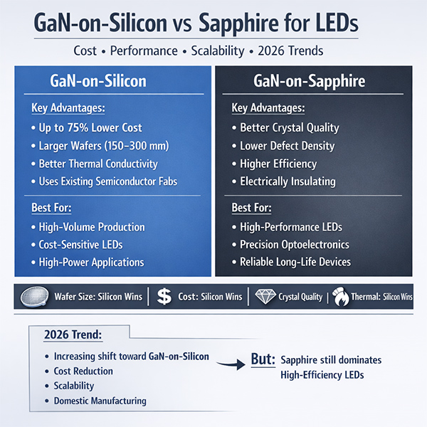 Indium Phosphide InP wafers infographic showing photonics applications, specifications, and comparison with silicon