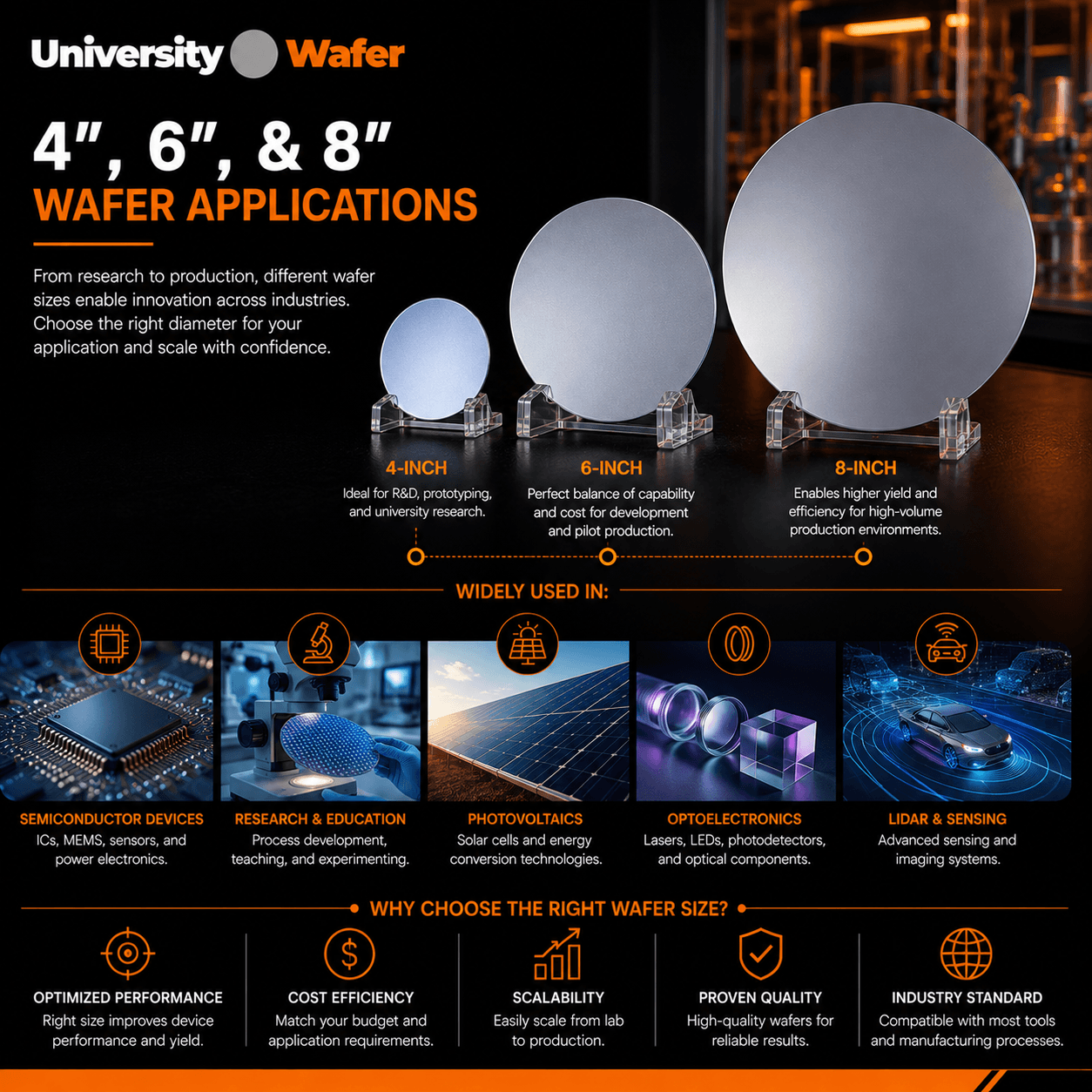 4 inch, 6 inch, and 8 inch silicon wafer applications for semiconductor devices, research, photovoltaics, optoelectronics, LiDAR, and sensing