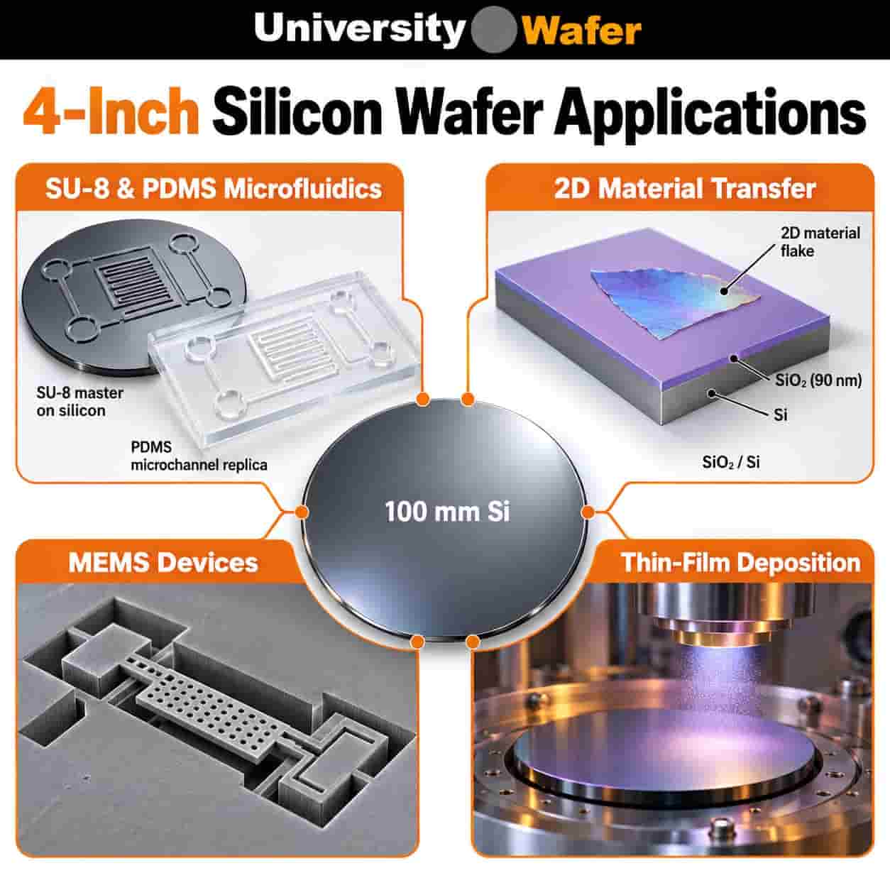 4-inch silicon wafer applications in microfluidics, 2D material transfer, MEMS, and thin-film deposition