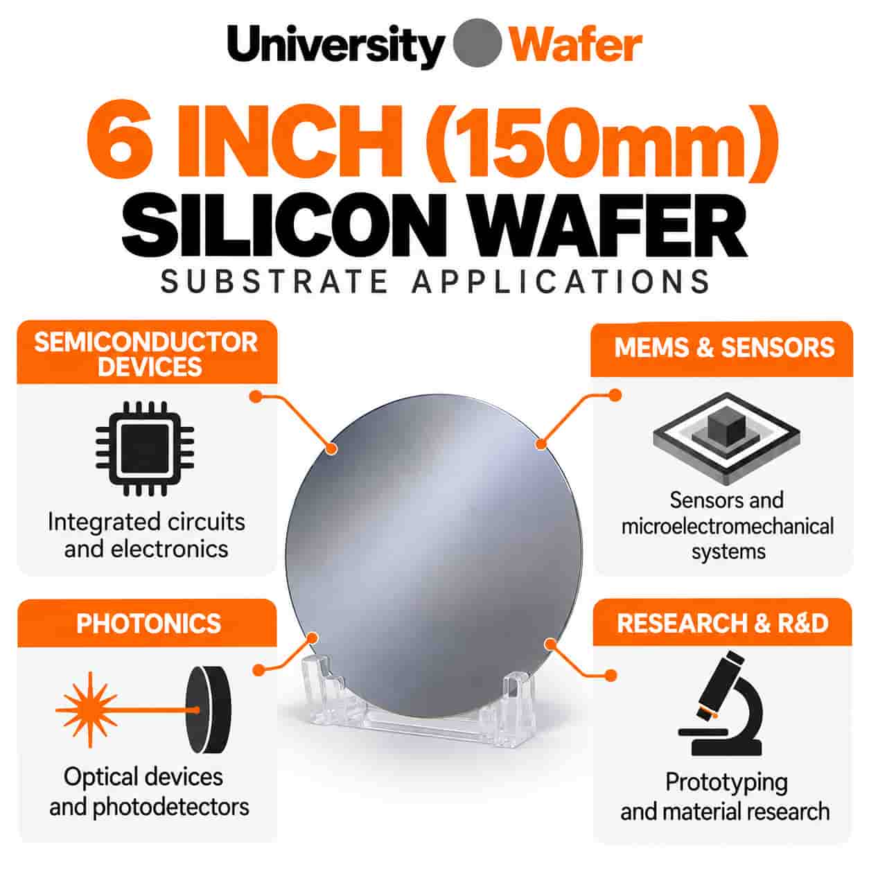 6 inch 150mm silicon wafer applications in semiconductor devices, MEMS sensors, photonics, and research