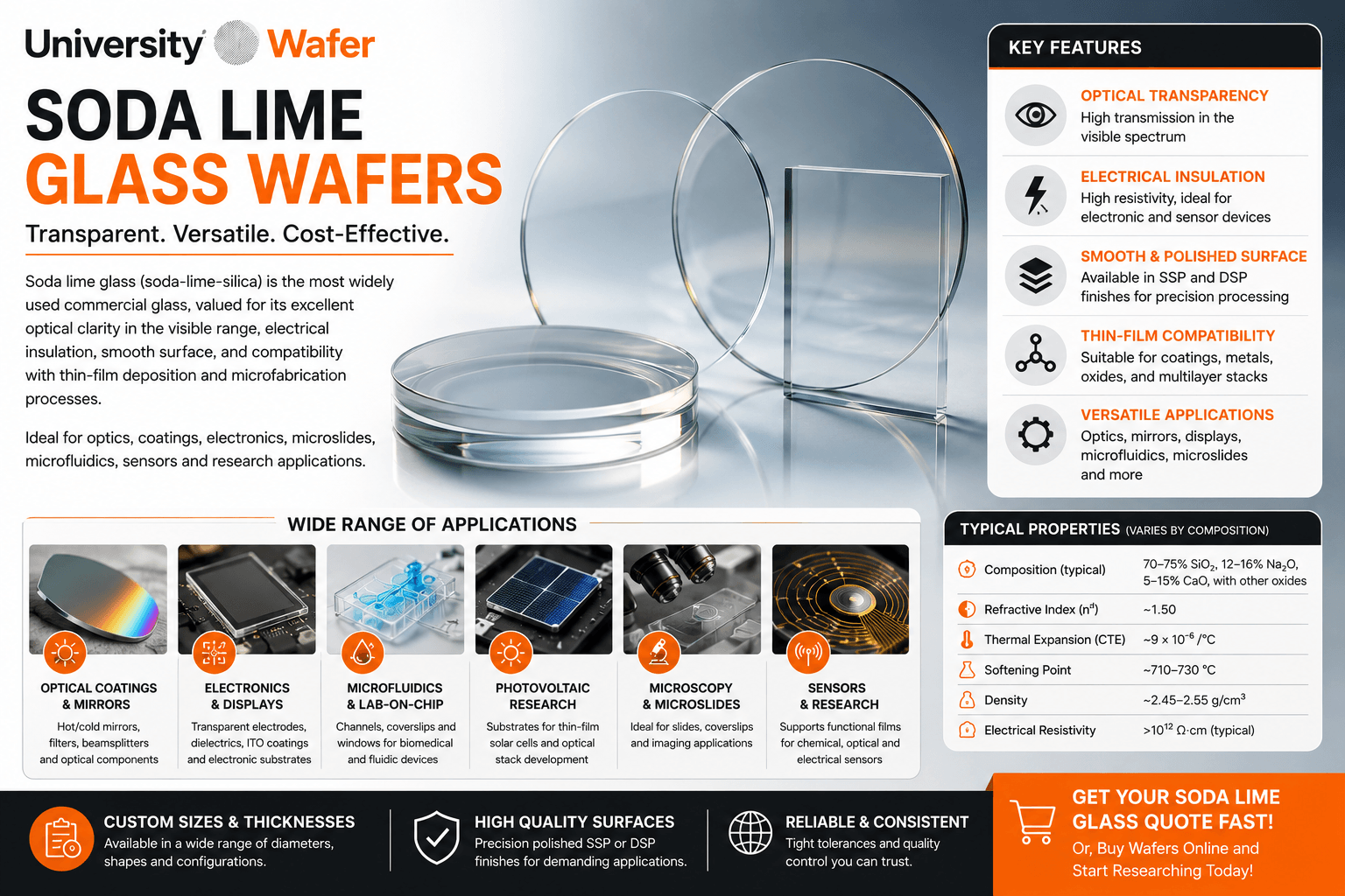 Soda lime glass wafers and substrates for optical coatings, electronics, microfluidics, photovoltaics, microscopy and sensor research