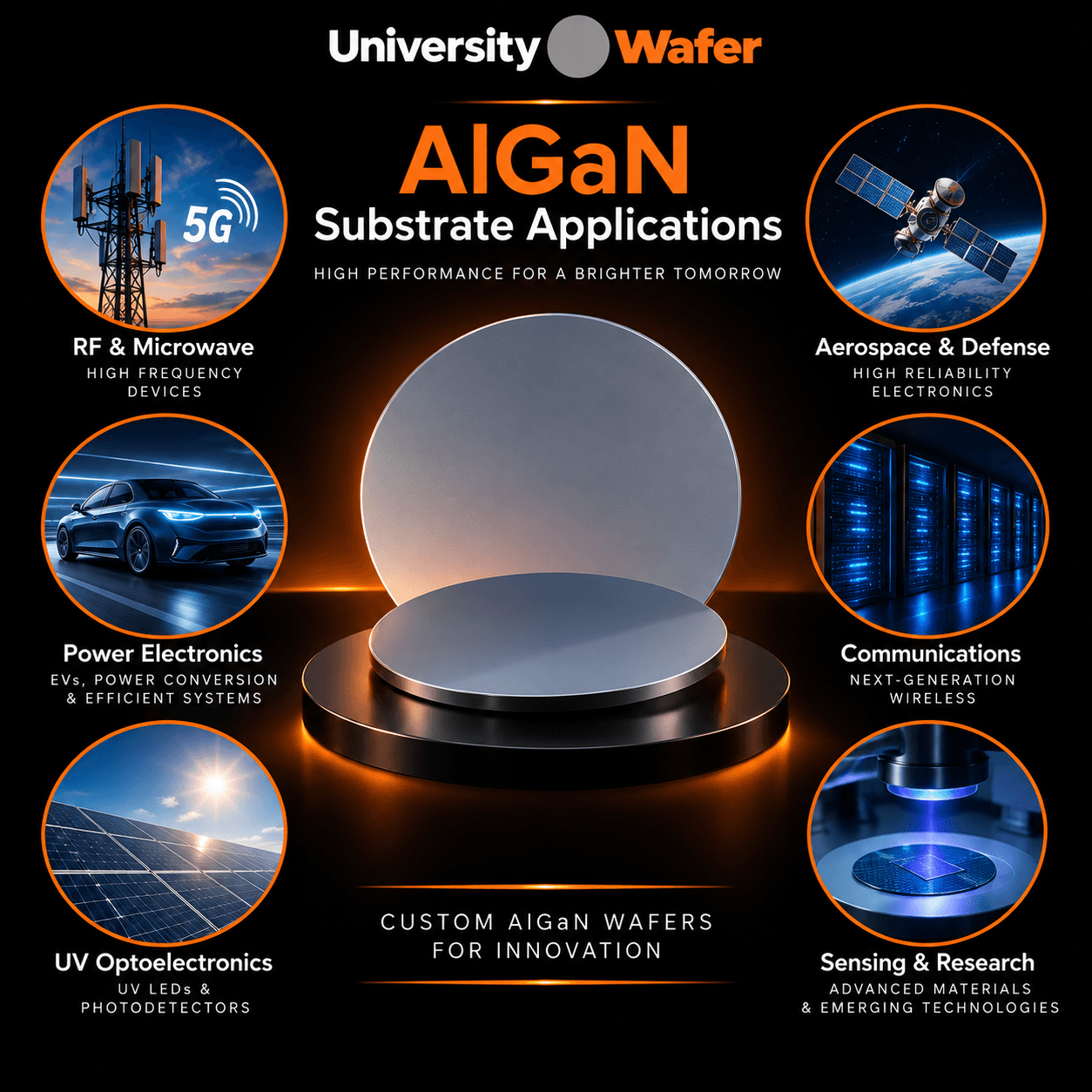 AlGaN substrate applications including RF and microwave devices, power electronics, UV optoelectronics, aerospace, communications, and sensing research