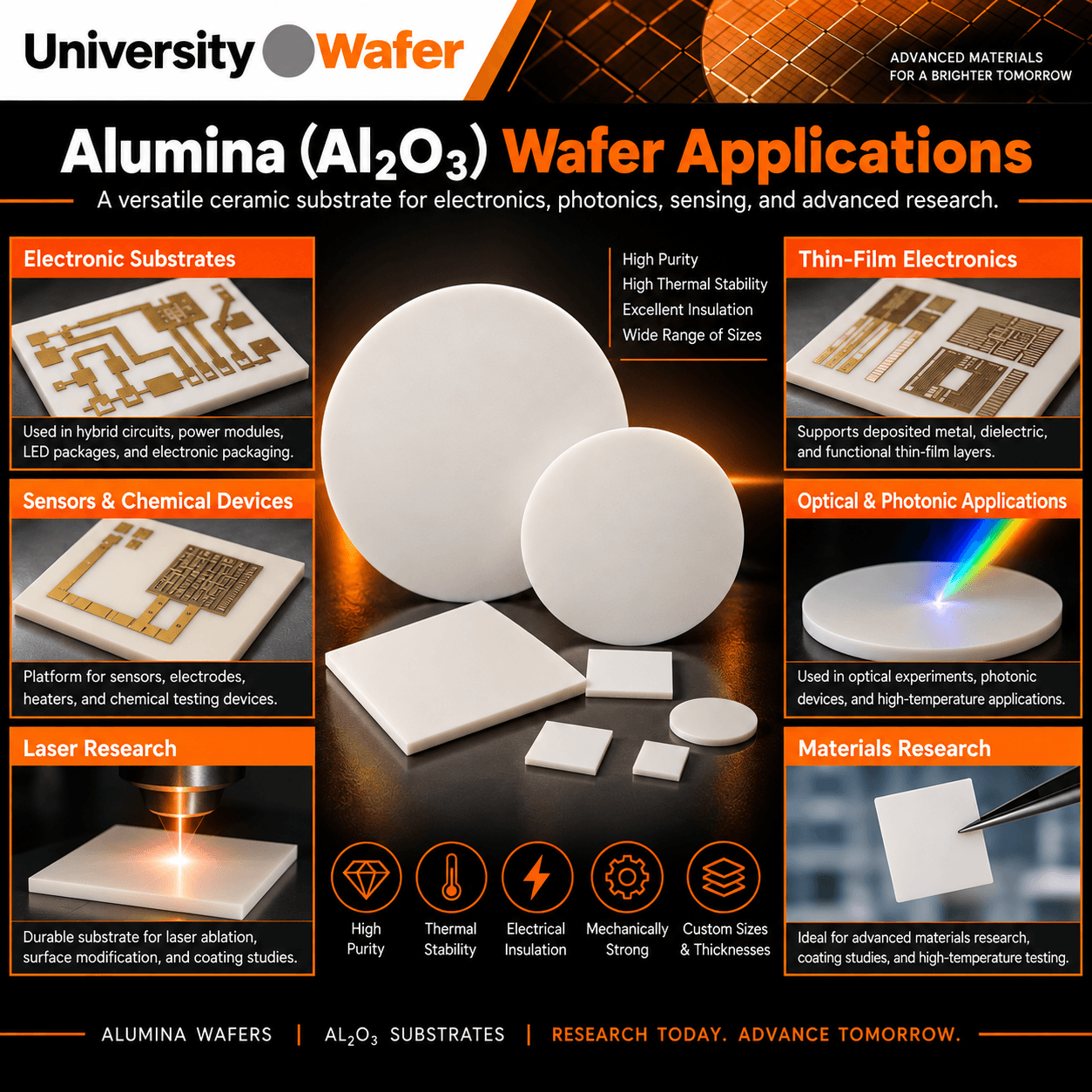 Alumina Al2O3 wafer applications including electronics, sensors, laser research, thin-film devices and materials research