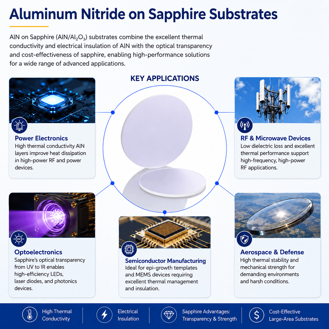 Aluminum nitride on sapphire substrate applications including power electronics, RF and microwave devices, optoelectronics, semiconductor manufacturing, and aerospace applications