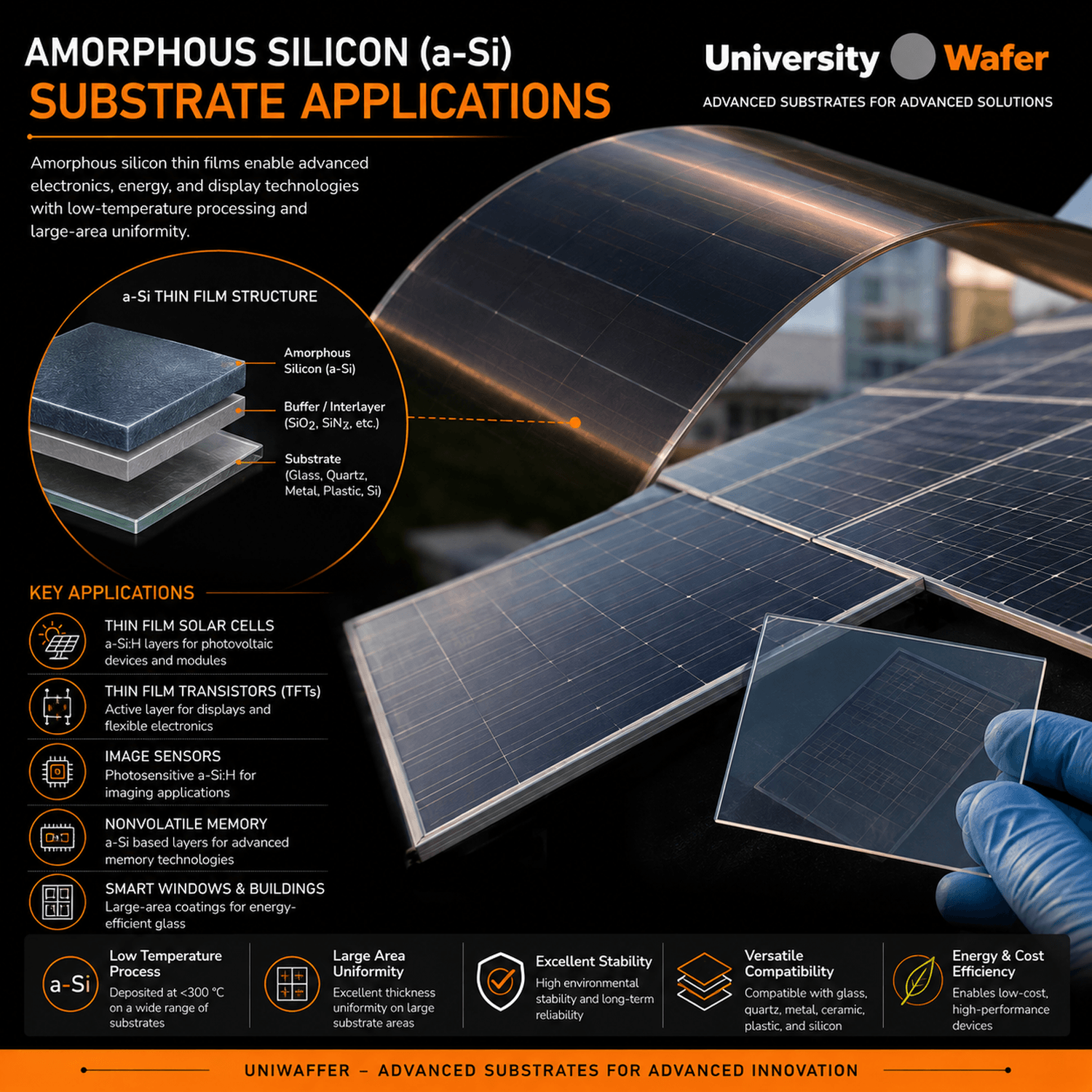 Amorphous silicon substrate applications including thin-film solar cells, TFT displays, image sensors, memory devices, and smart glass