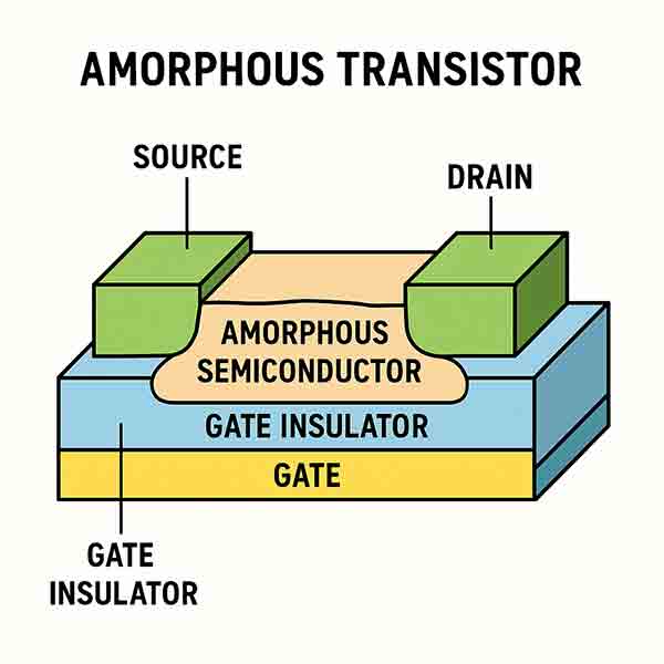 Amorphous Transistor Structure with Layer Labels Cross-sectional diagram of an amorphous transistor showing source, drain, amorphous semiconductor layer, gate insulator, and gate