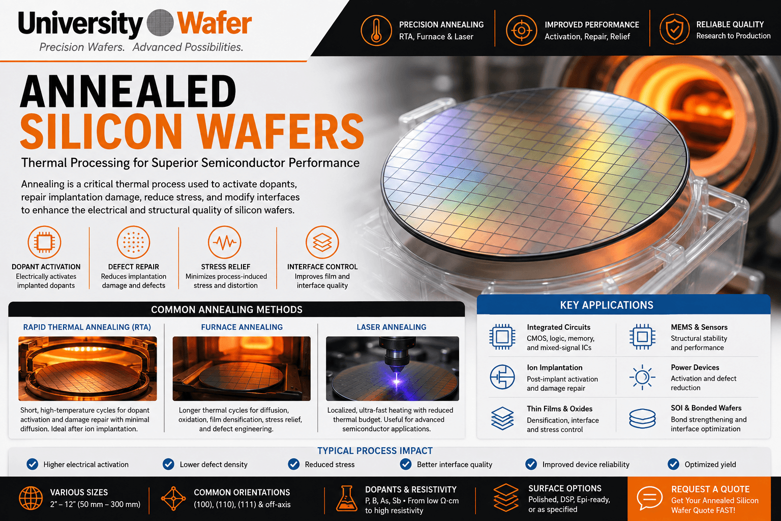 Annealed silicon wafers showing rapid thermal annealing, furnace annealing and laser annealing for dopant activation, defect repair, stress relief and semiconductor processing
