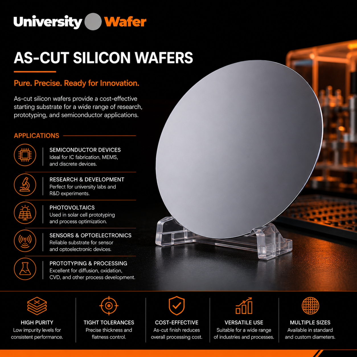 As-cut silicon wafer substrate applications for semiconductor devices, research, photovoltaics, sensors, and process development