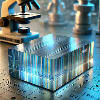  barium fluoride (BaF₂) optical device used in photonics, showcasing its polished surface and thin-film coatings in a high-tech laboratory setting