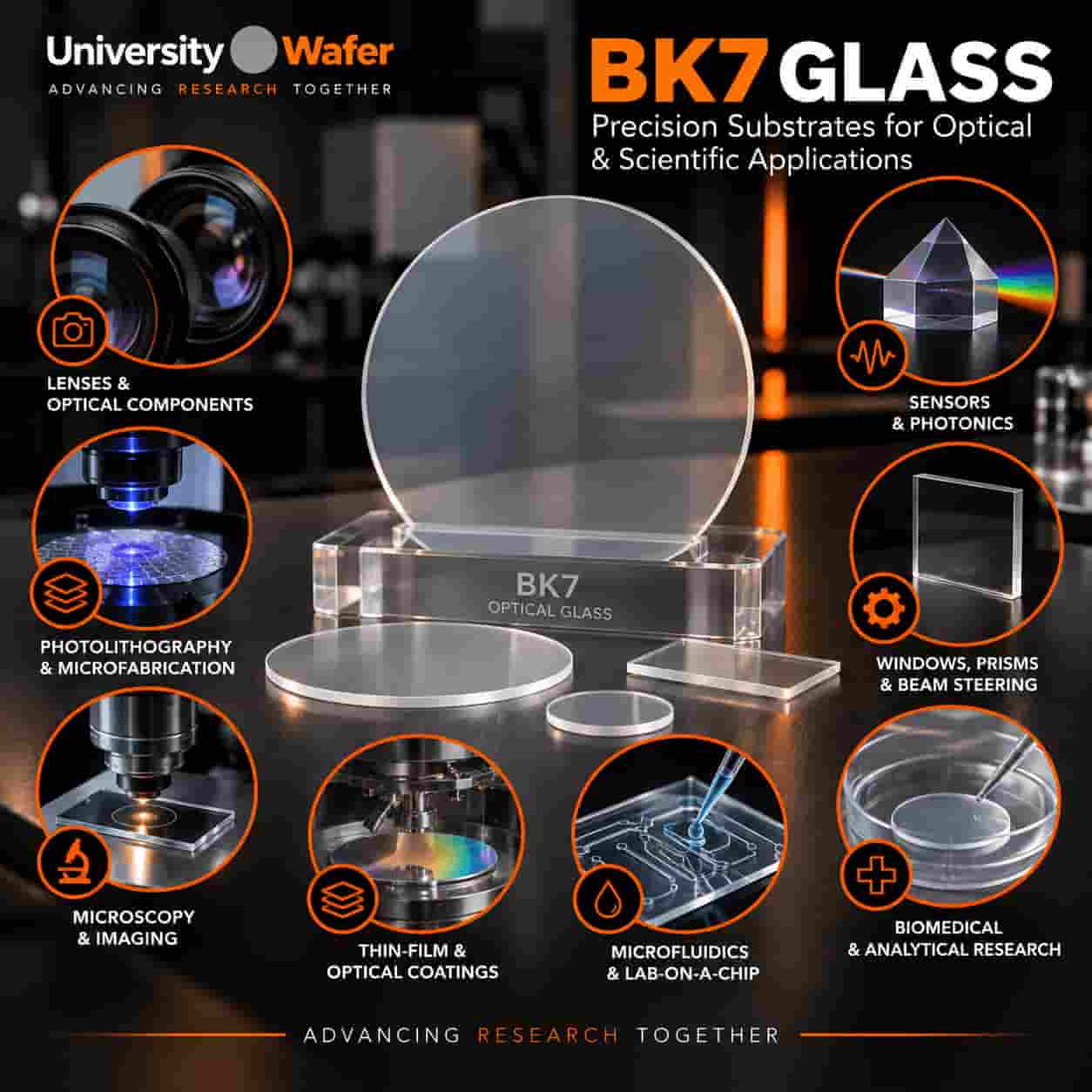 BK7 glass substrate applications for precision optics, photolithography, microscopy, thin-film coatings, microfluidics, sensors, photonics, and biomedical research