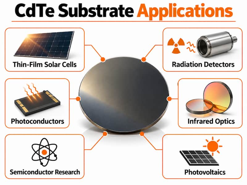 Cadmium telluride CdTe substrate applications including thin-film solar cells, radiation detectors, photoconductors, infrared optics, semiconductor research and photovoltaics