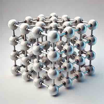 cubic crystal structure showcasing atoms arranged in a cubic lattice with alternating colors to represent two types of atoms, clearly depicting the geometric pattern.