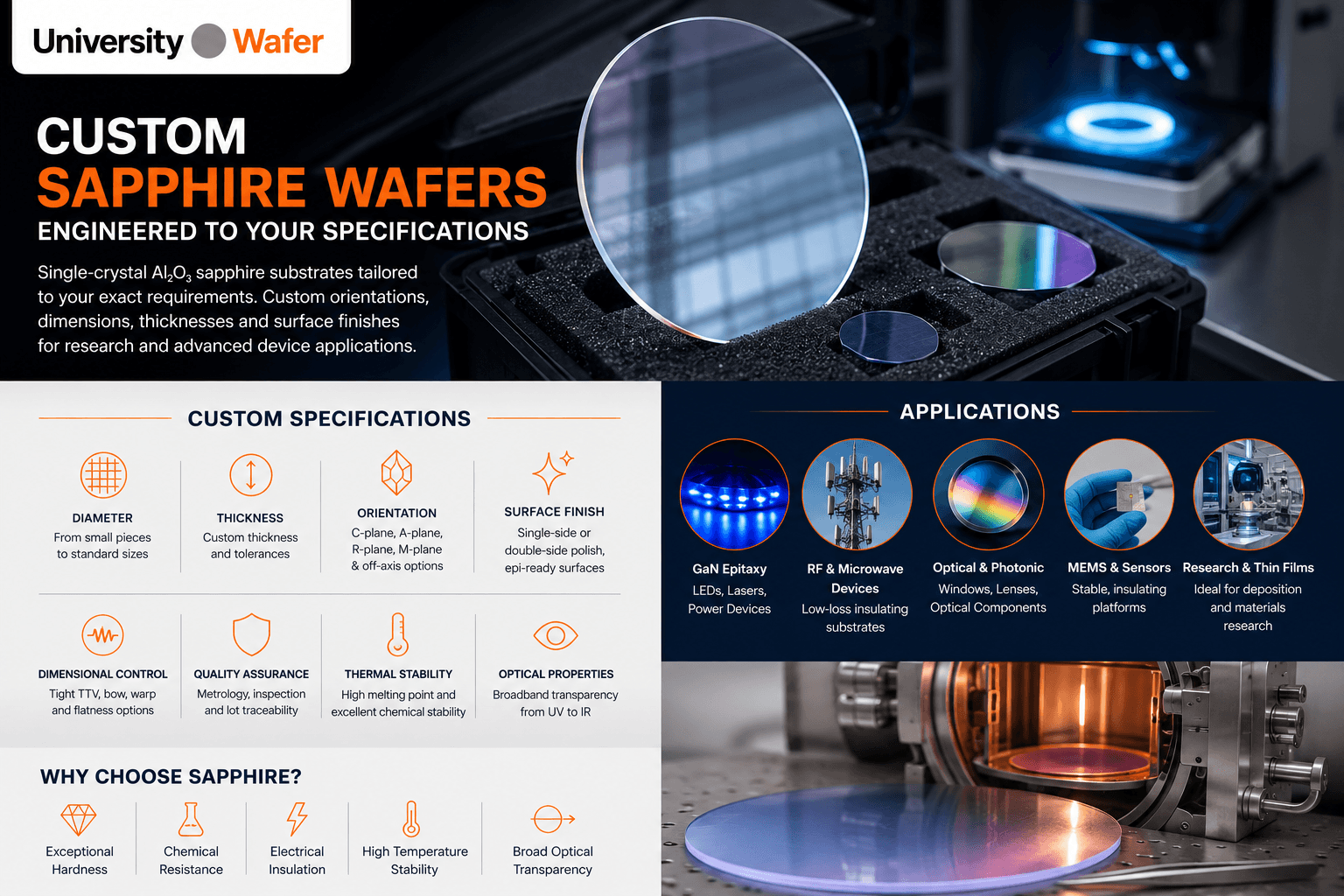Custom sapphire wafers and Al2O3 substrates for GaN epitaxy, RF and microwave devices, optics, photonics, MEMS, sensors, and thin-film research