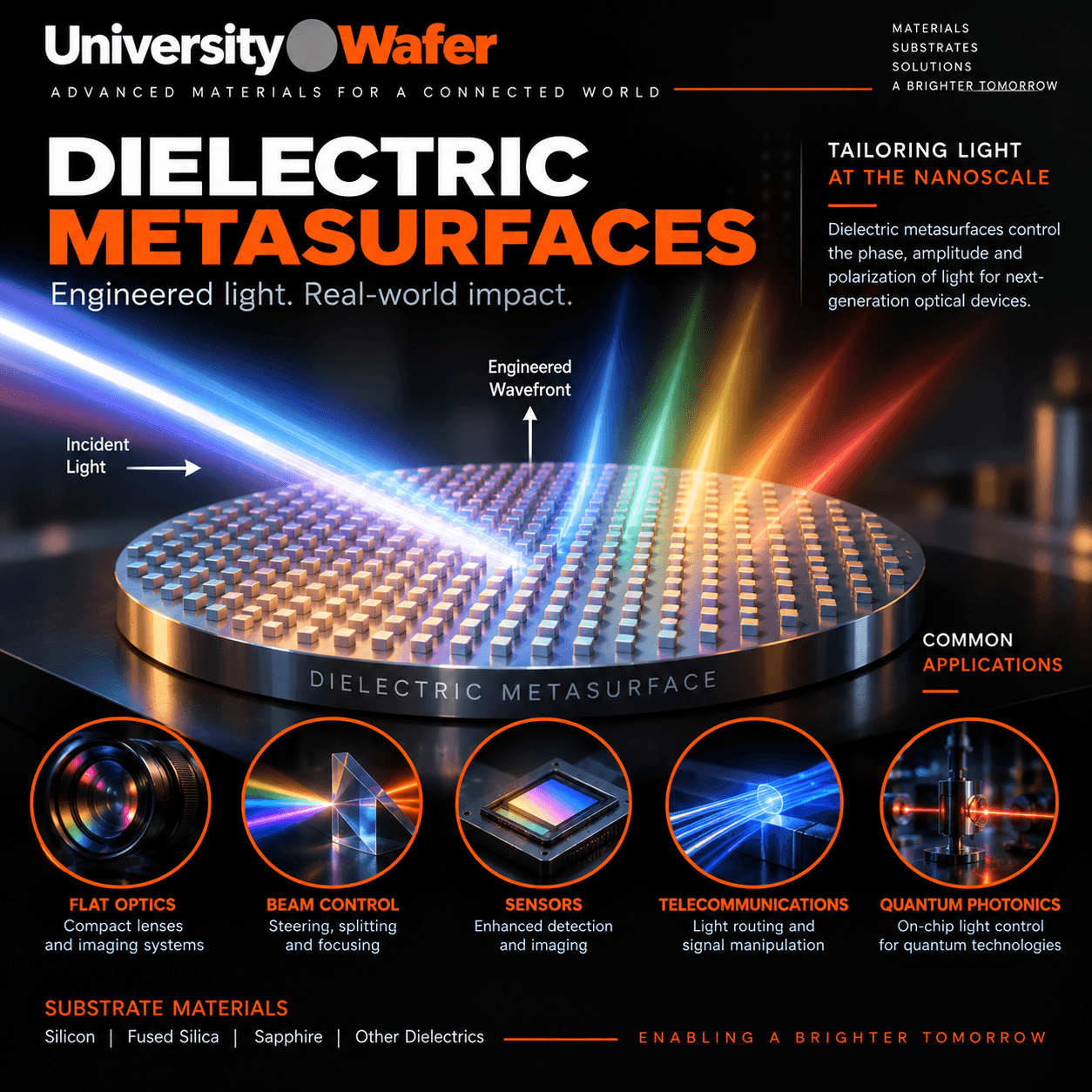 Dielectric metasurface applications for flat optics, beam steering, sensors, telecommunications and quantum photonics using engineered nanostructures on silicon, fused silica and sapphire substrates