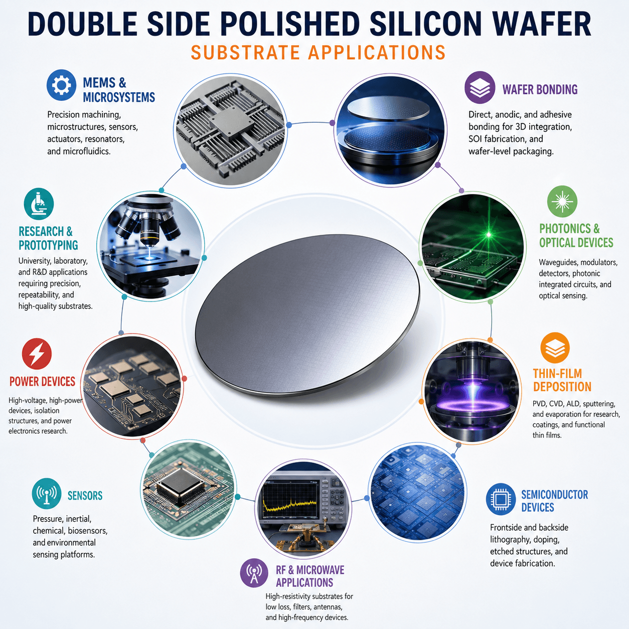 Double side polished silicon wafer substrate applications including MEMS, wafer bonding, photonics, thin-film deposition, semiconductor devices, RF, sensors and research