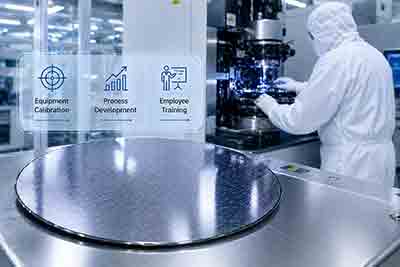 300mm dummy silicon wafer on a stainless steel cleanroom surface with technician calibrating semiconductor equipment