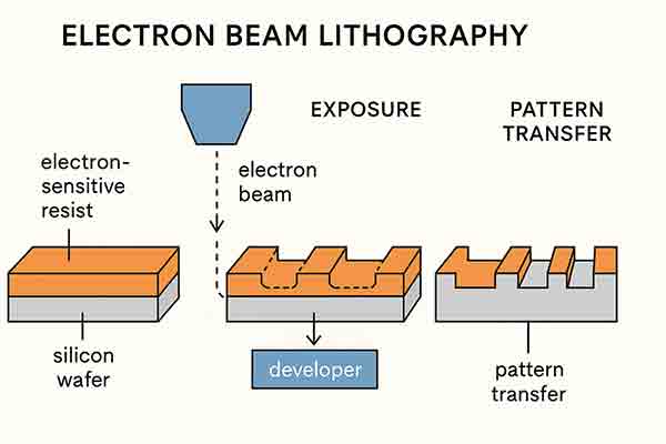 Electron Beam Lithography Process Diagram - UniversityWafer, Inc. Diagram showing steps of Electron Beam Lithography: resist coating, electron beam exposure, development, and pattern transfer onto silicon wafer