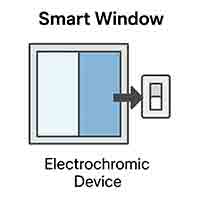  smart window using electrochromic technology to control light and heat transmission, showing adjustable transparency