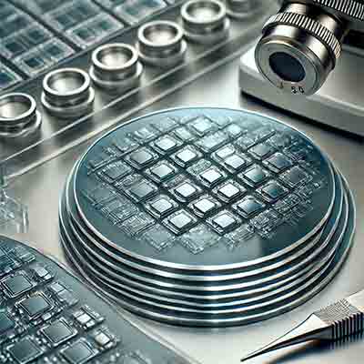 semiconductor wafers specifically designed for fabricating microelectromechanical systems (MEMS), showcasing their intricate surface details and precision manufacturing in a laboratory environment