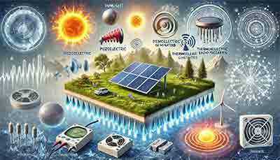 The illustration includes solar panels for sunlight, piezoelectric devices for mechanical vibrations, thermoelectric generators for heat sources, and antennas for electromagnetic energy