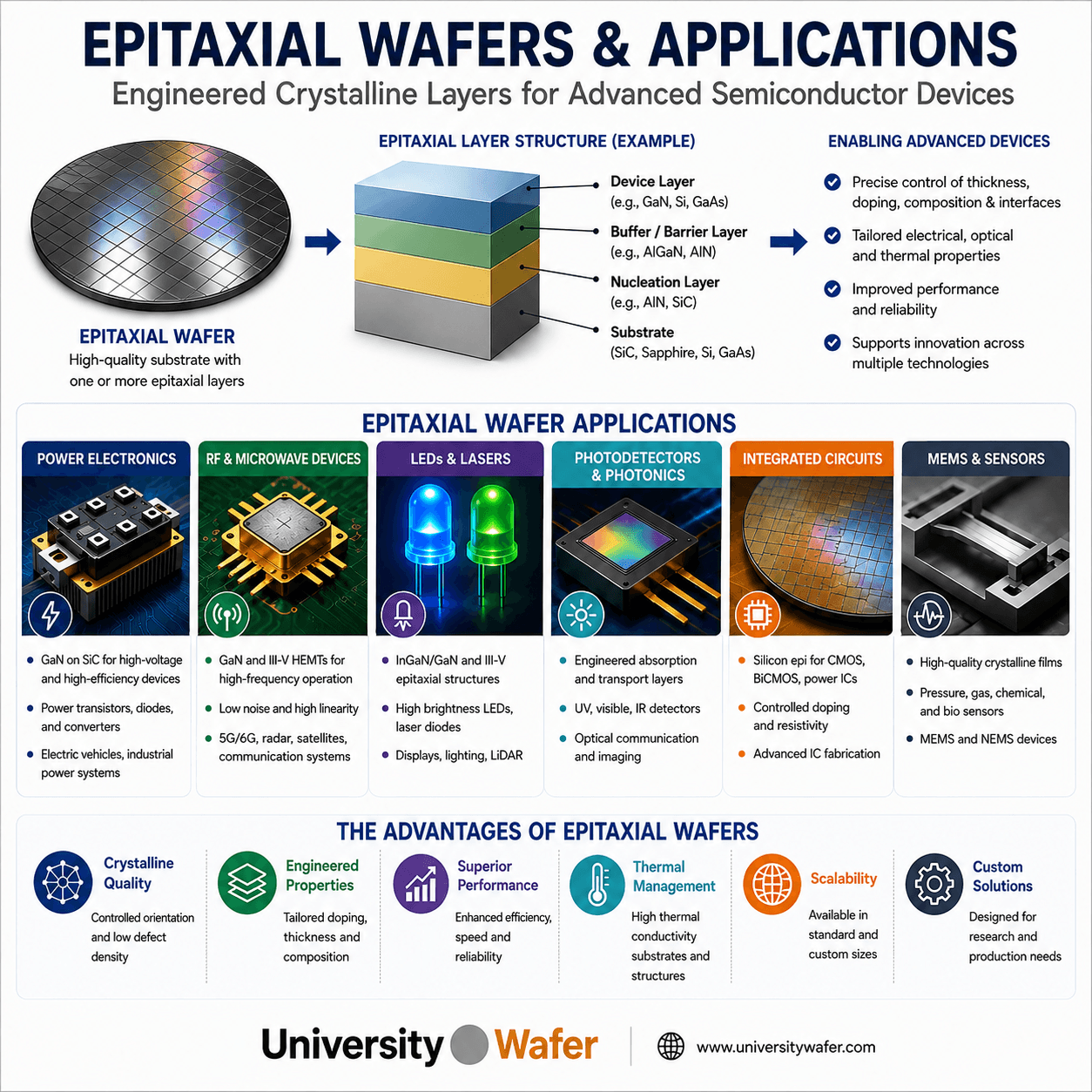 Epitaxial wafer applications including power electronics, RF devices, LEDs, photonics, integrated circuits, MEMS and sensors