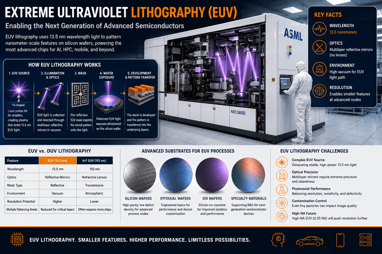 Extreme ultraviolet lithography infographic showing the 13.5 nm EUV process, reflective optics, EUV mask, wafer exposure, pattern transfer, advanced semiconductor substrates, and High-NA EUV