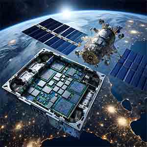 application of Fully Depleted Silicon-on-Insulator (FD-SOI) technology in space, featuring a satellite equipped with FD-SOI chips in orbit around Earth.