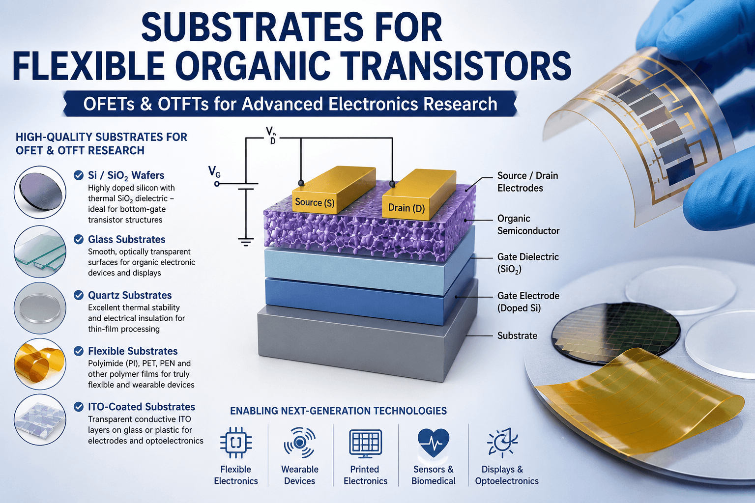 Flexible organic transistor substrates for OFET and OTFT research including Si/SiO2, glass, quartz, flexible polymer and ITO-coated substrates
