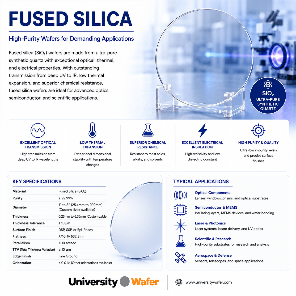 Fused silica wafer properties, specifications, and applications in optics, photonics, MEMS, and semiconductor research