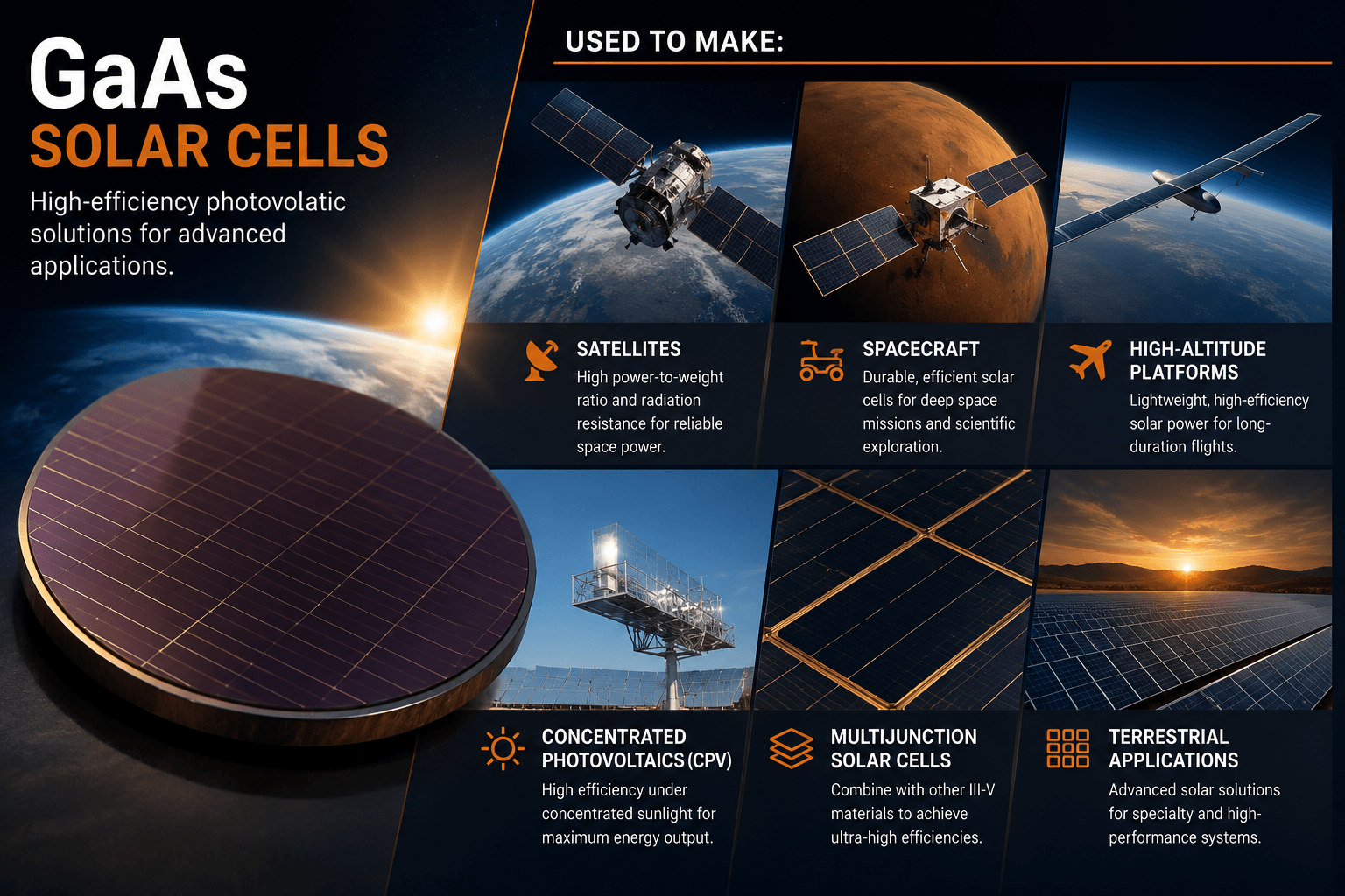 GaAs solar cell applications including satellites, spacecraft, high-altitude platforms, concentrated photovoltaics and multijunction solar cells