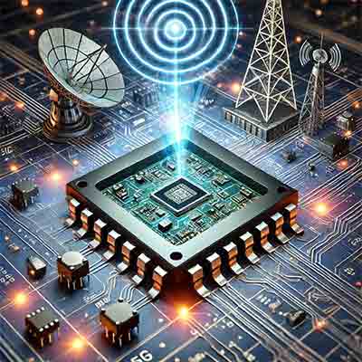 Gallium Nitride (GaN) High Electron Mobility Transistor (HEMT) used in RF power amplifiers for 5G, satellite communications, and radar.