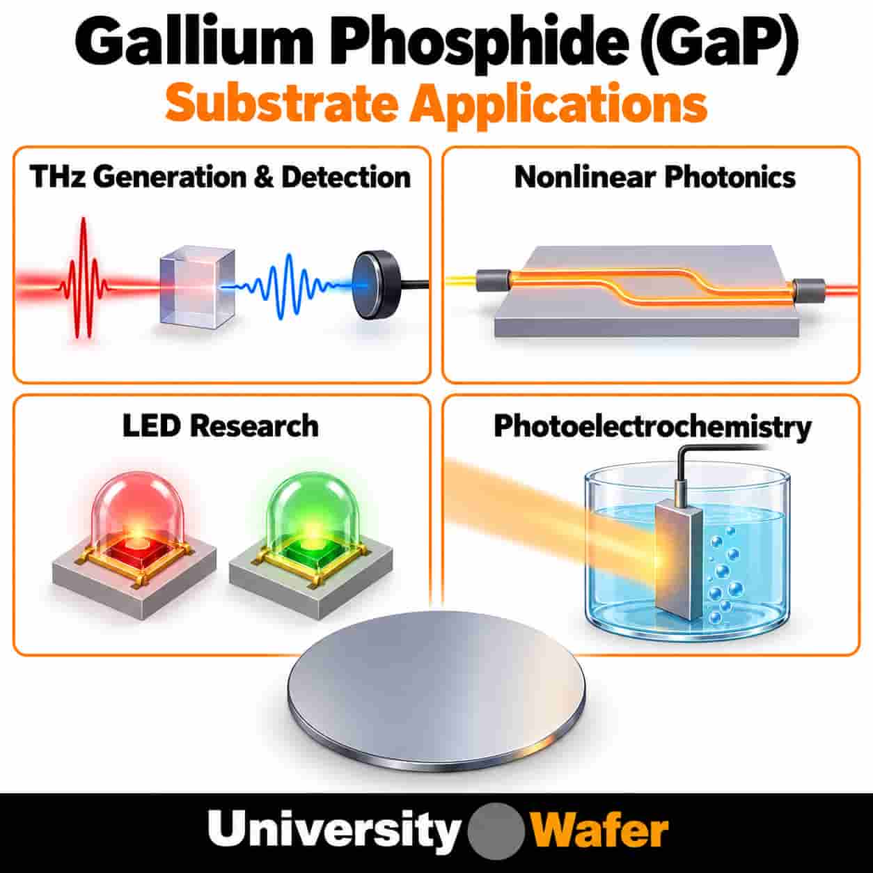 Gallium phosphide (GaP) wafer applications in photonics, LEDs, terahertz research, and optoelectronics