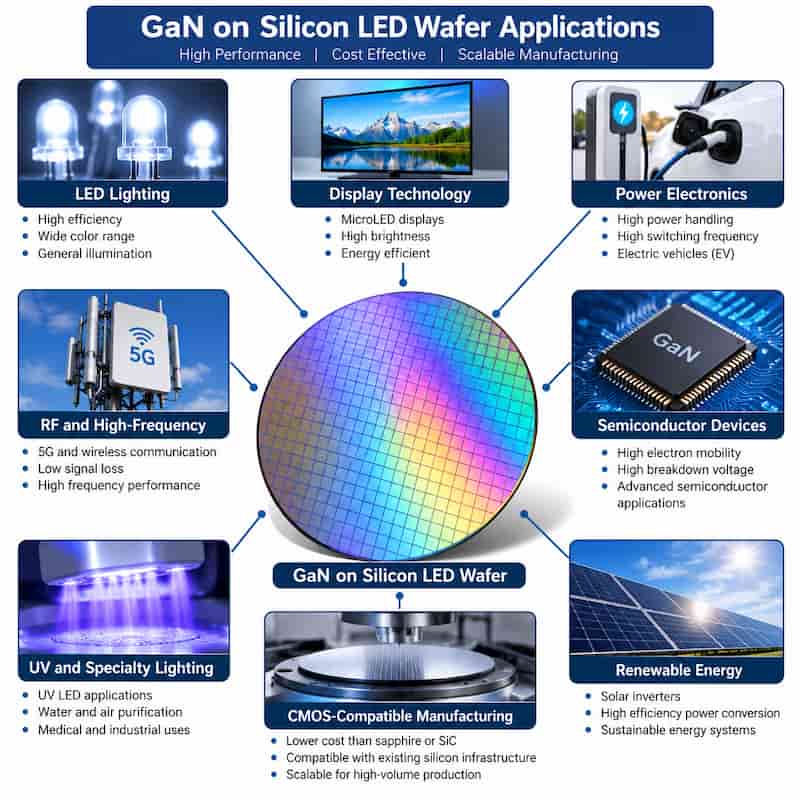 GaN on silicon LED wafer applications including LED lighting, microLED displays, power electronics, RF devices, UV lighting, and semiconductor manufacturing