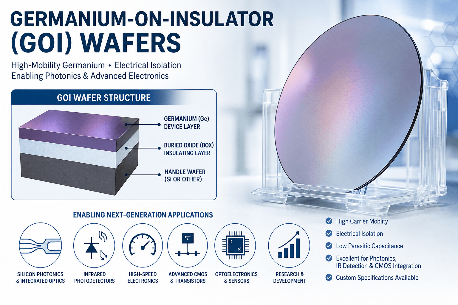 Germanium-on-Insulator GOI wafer structure showing germanium device layer, buried oxide layer, and applications in silicon photonics, infrared photodetectors, high-speed electronics, CMOS, and optoelectronics