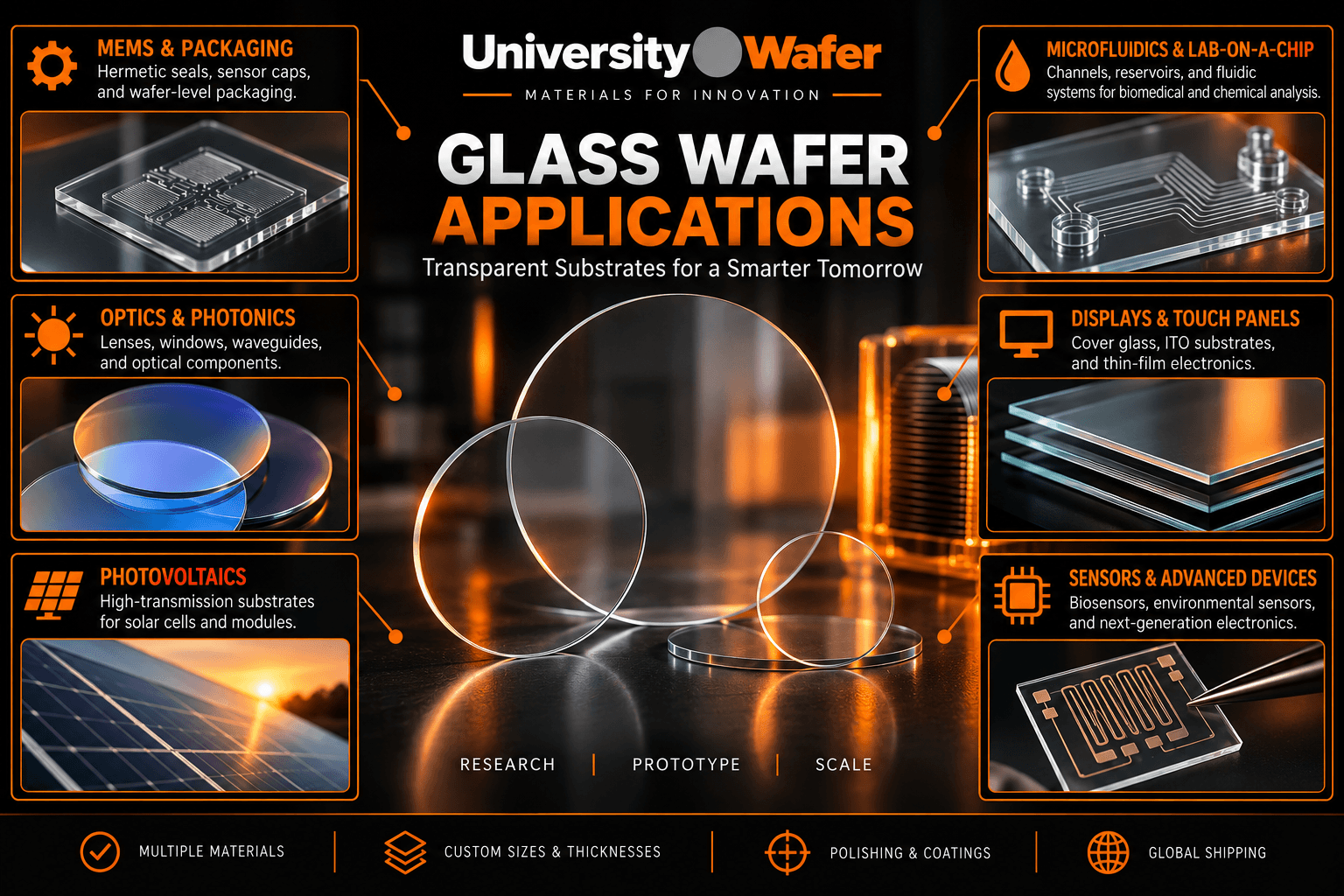 Glass wafer applications including MEMS packaging, microfluidics, optics, photonics, displays, photovoltaics and advanced sensors
