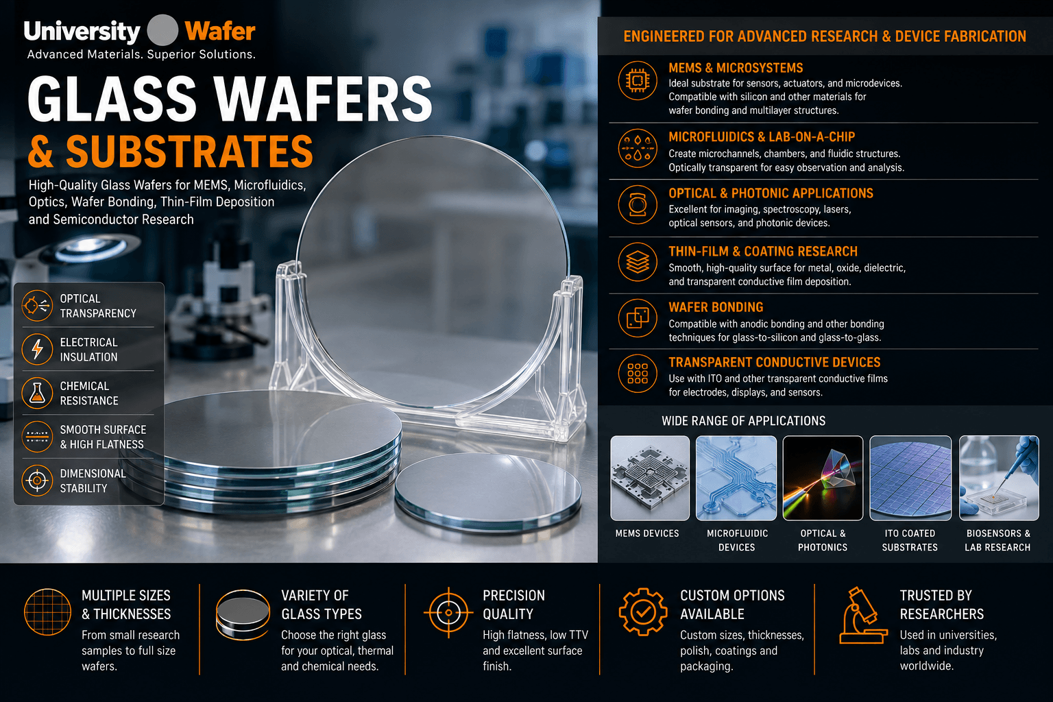 Glass wafers and substrates for MEMS, microfluidics, optics, photonics, wafer bonding, thin-film deposition and semiconductor research