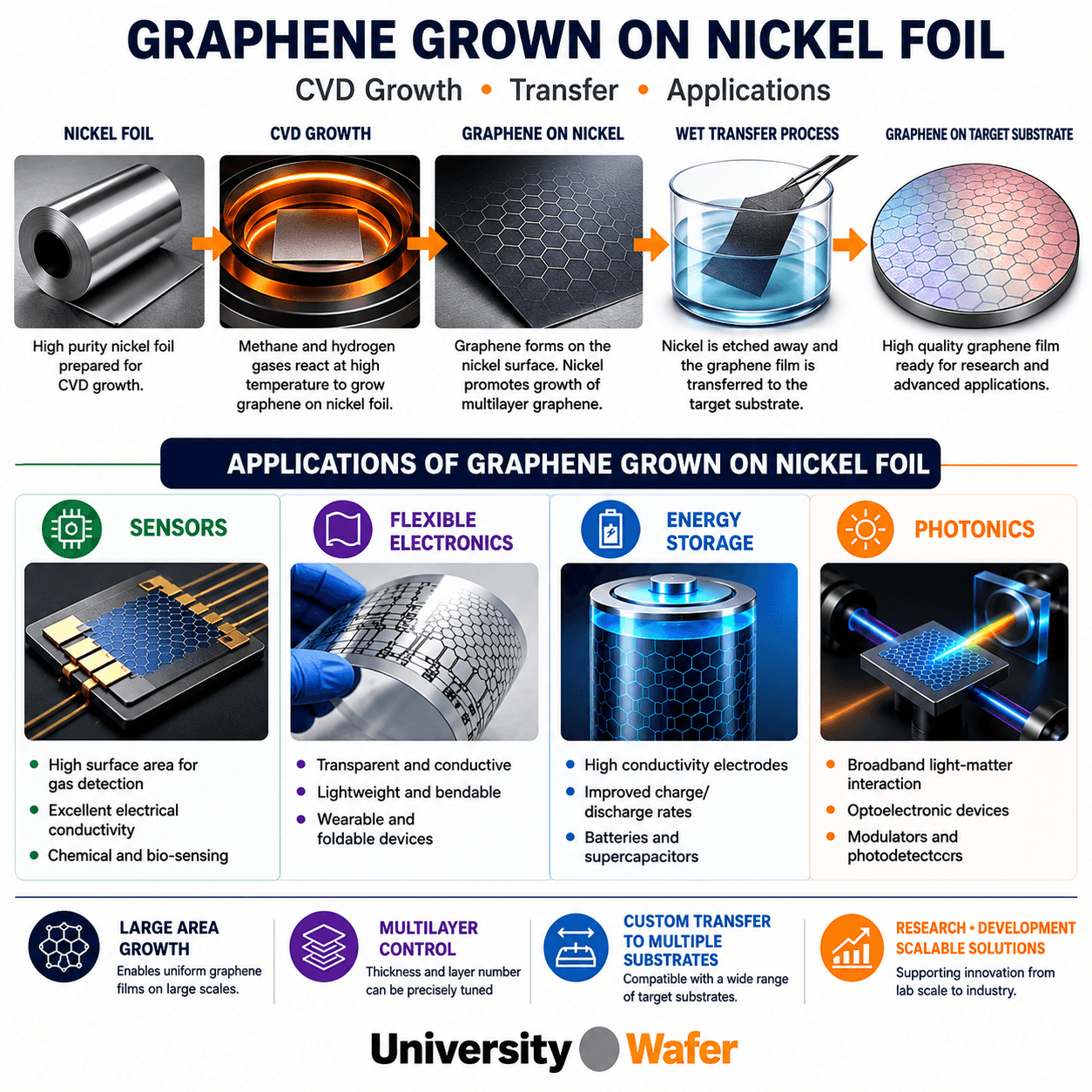 Applications of graphene grown on nickel foil including sensors, flexible electronics, energy storage and photonics