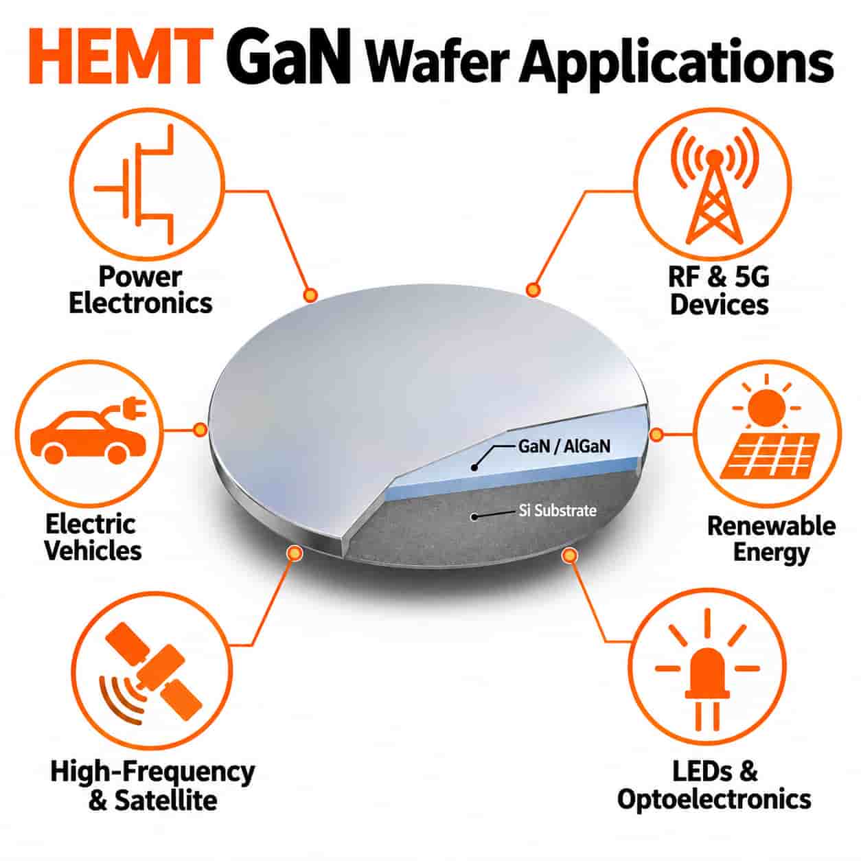 HEMT GaN wafer applications including power electronics, RF and 5G devices, electric vehicles, renewable energy, satellite communications, and optoelectronics
