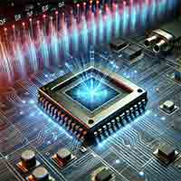 high-frequency semiconductor device using semi-insulating Indium Phosphide (InP). The image highlights its applications in communication technology, with glowing circuit traces, fiber-optic networks, and RF signals. 
