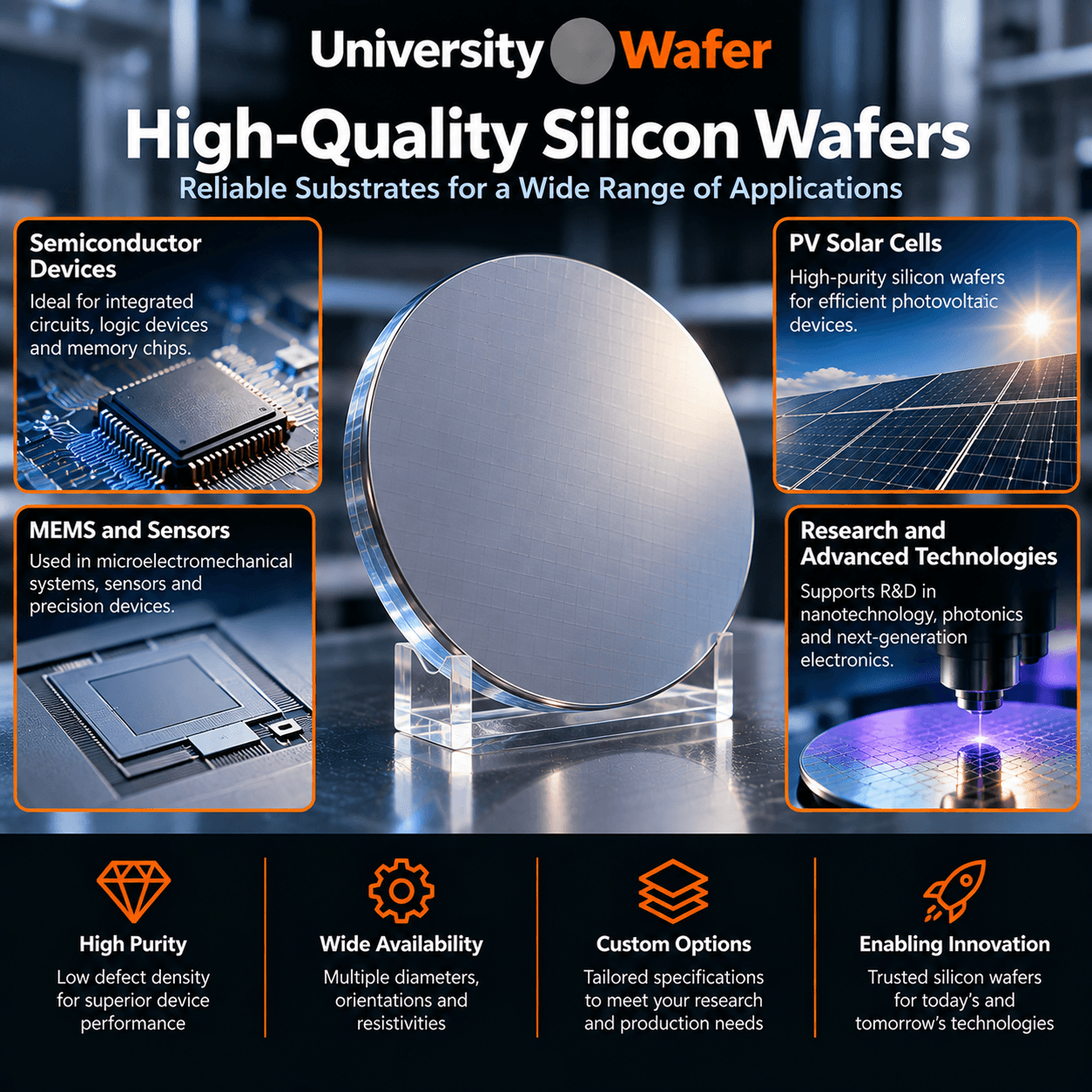 High-quality silicon wafer applications including semiconductor devices, photovoltaic solar cells, MEMS and sensors, and advanced research