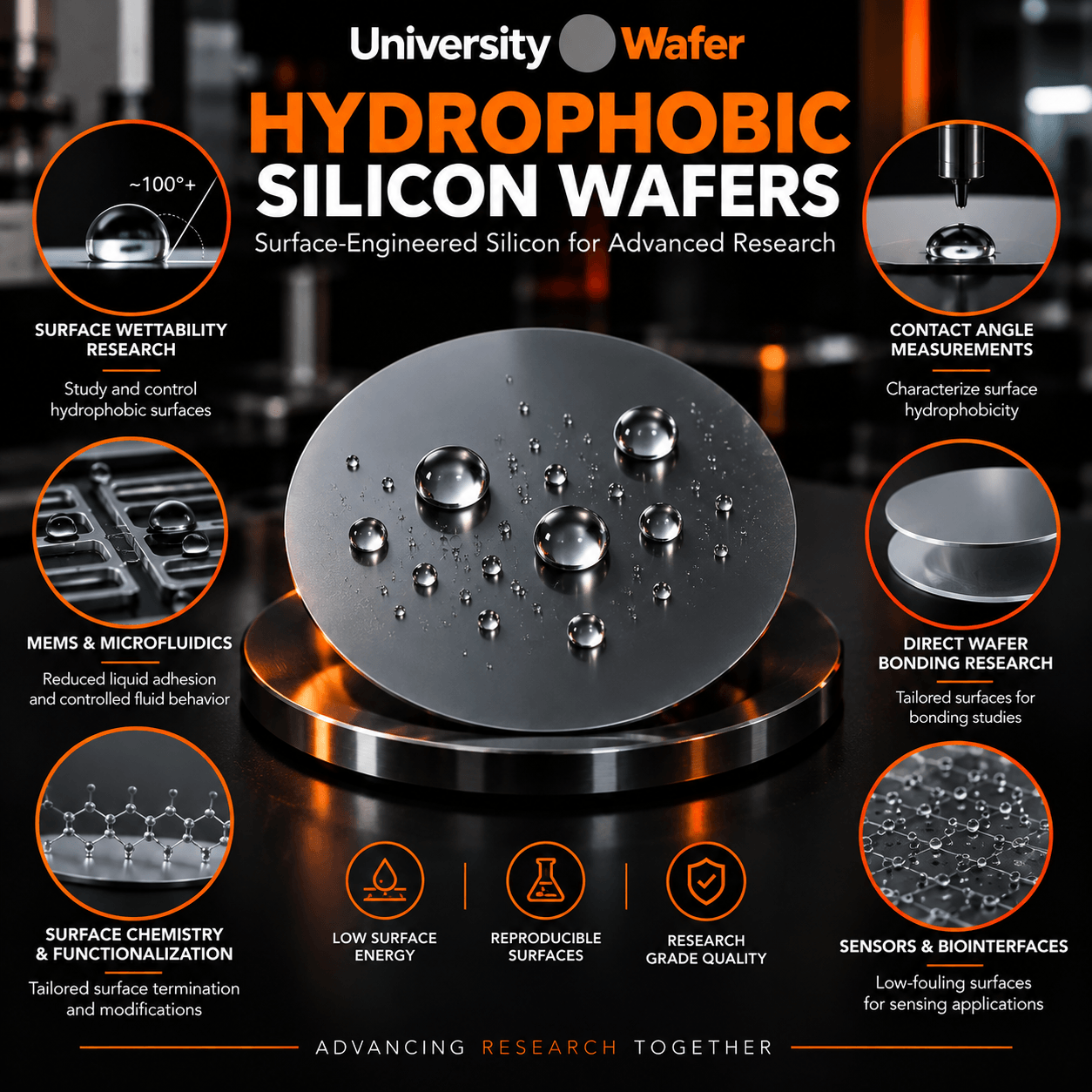 Hydrophobic silicon wafer applications for surface wettability research, MEMS, microfluidics, contact angle measurements, wafer bonding, surface chemistry, sensors, and biointerfaces