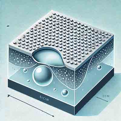 The image shows the uniform removal of material, resulting in rounded features. The etchant solution is depicted interacting with the substrate. This visual representation helps to understand how isotropic etching affects the substrate's surface.