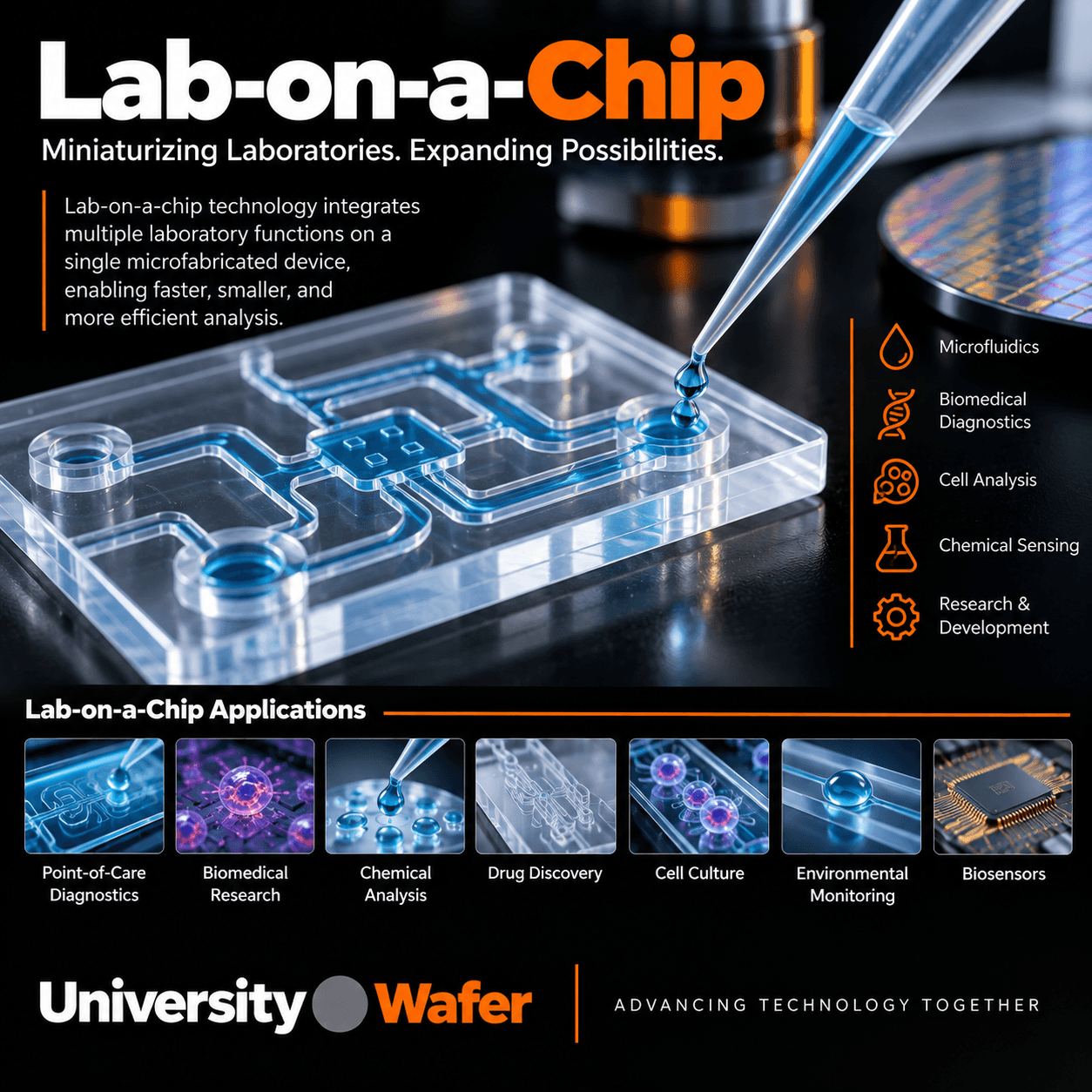 Lab-on-a-chip applications including microfluidics, biomedical diagnostics, chemical analysis, drug discovery, cell culture, environmental monitoring, and biosensors