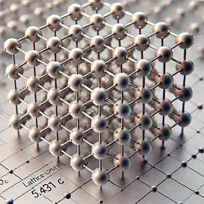 silicon wafer's atomic lattice structure, illustrating its diamond cubic arrangement and lattice constant