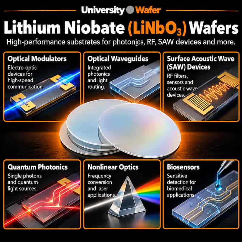 Lithium Niobate LiNbO3 wafer applications including optical modulators, optical waveguides, SAW devices, quantum photonics, nonlinear optics and biosensors
