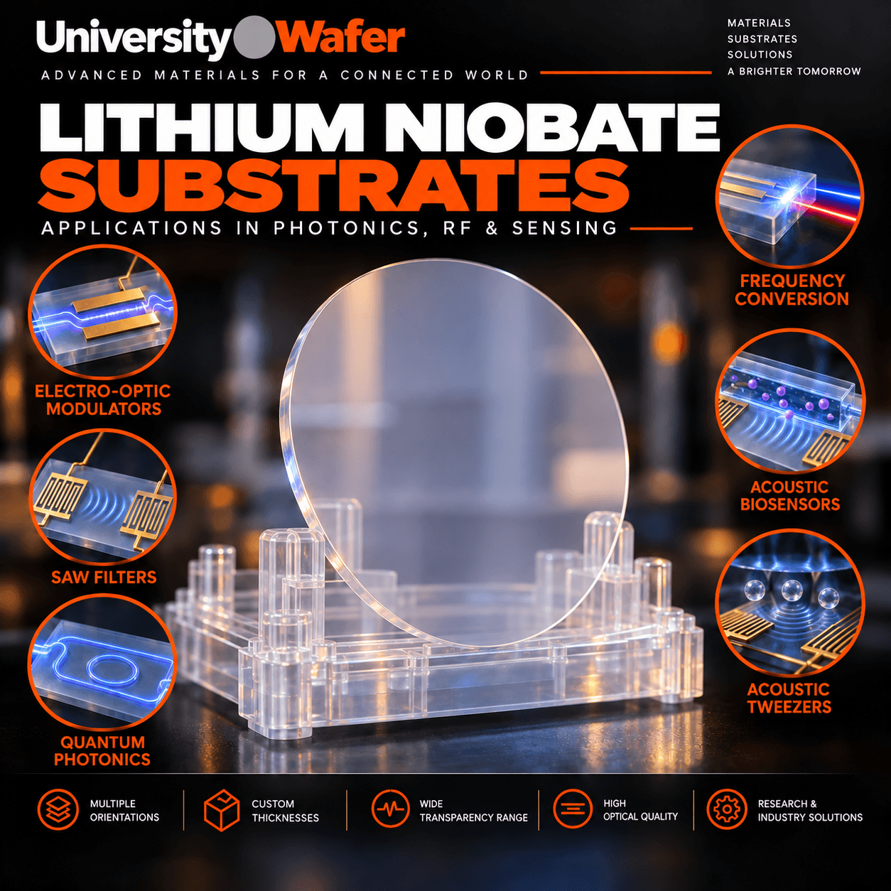 Lithium niobate substrate applications including electro-optic modulators, SAW filters, quantum photonics, frequency conversion, acoustic biosensors, and acoustic tweezers