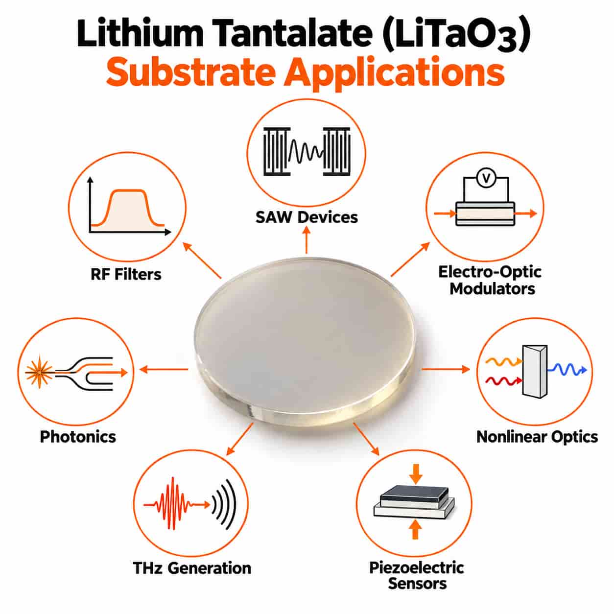 Lithium tantalate LiTaO3 substrate applications including SAW devices, RF filters, electro-optic modulators, photonics, nonlinear optics, THz generation, and piezoelectric sensors