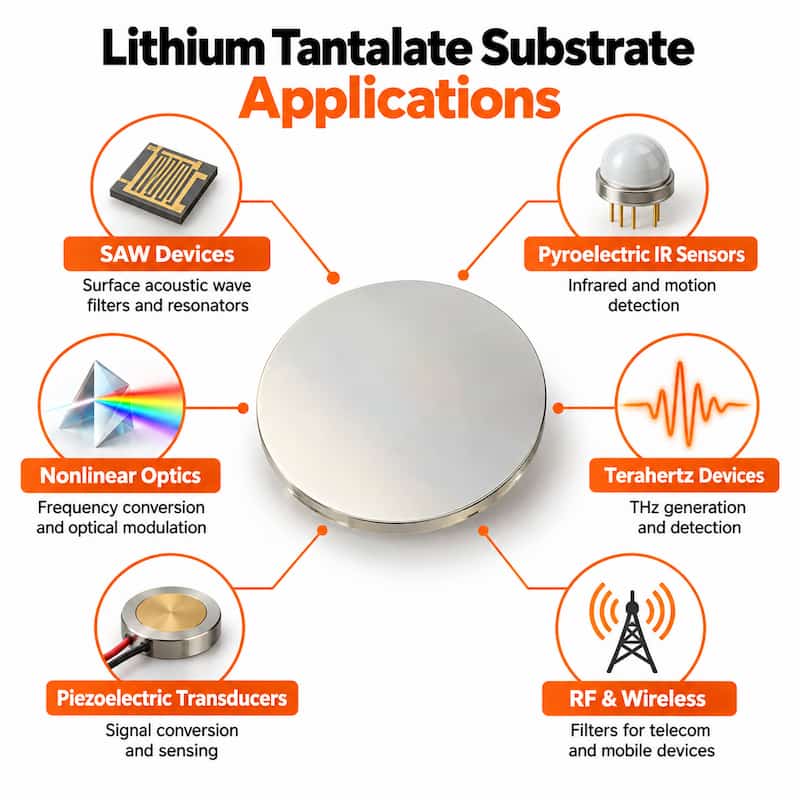 Lithium tantalate LiTaO3 substrate applications including SAW devices, pyroelectric infrared sensors, nonlinear optics, terahertz devices, piezoelectric transducers, and RF wireless filters